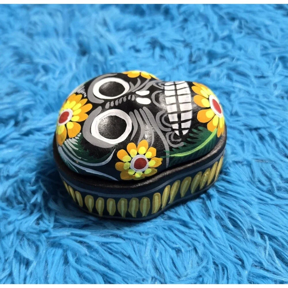 Day Of The Dead Sugar Skull Hand Painted Clay Lidded Trinket Box Mexican Artwork